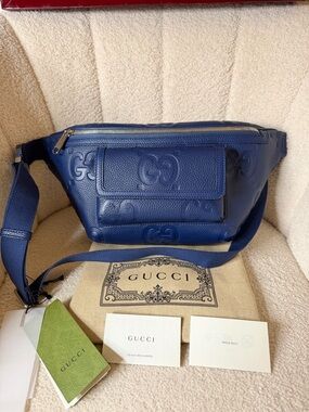 Gucci Blue Leather GG Embossed Belt Bag Crossbody Waist Bag | Full Set